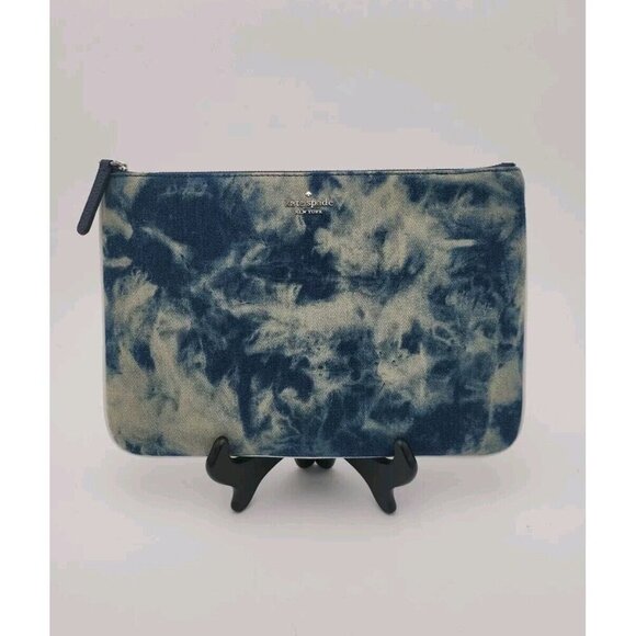 Kate Spade Jackson Tye-Dye Blue Multi Denim Large Zip Pouch Contrast Trim NWOT - Picture 1 of 14